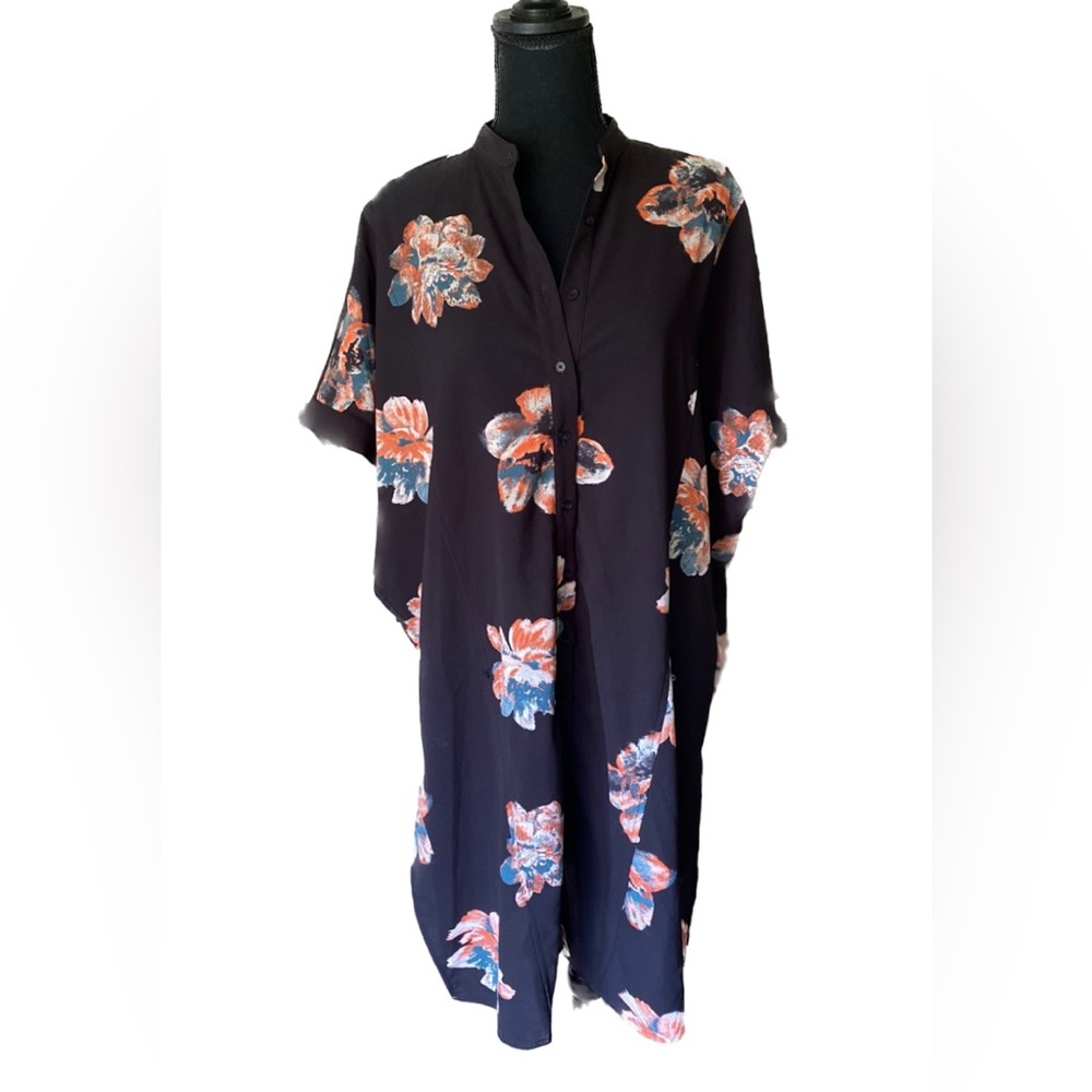 Black Floral Oversized Shirtdress Shift Dress